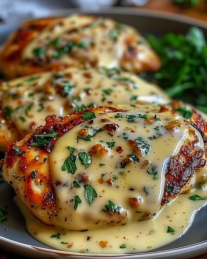 Creamy Garlic Chicken Parmesan dish garnished with herbs and served with pasta.