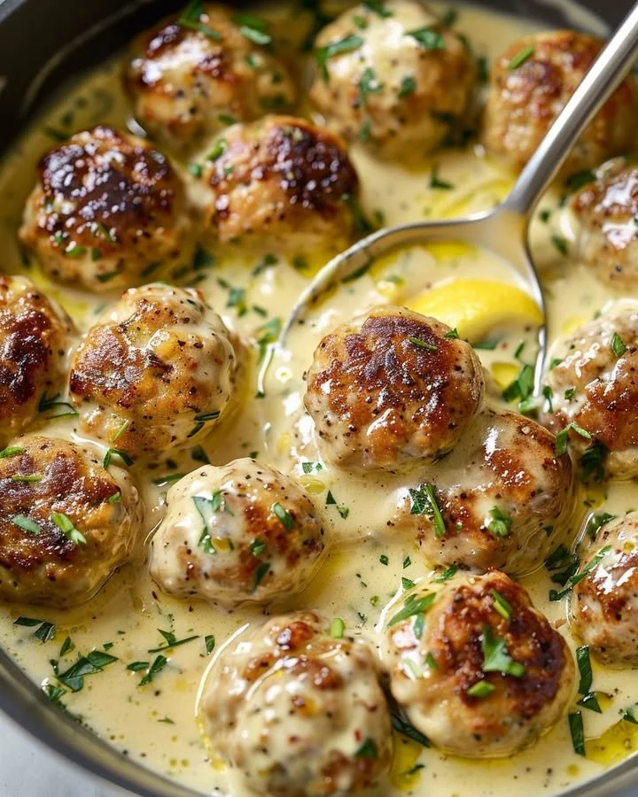 Creamy lemon pepper chicken meatballs served on a plate