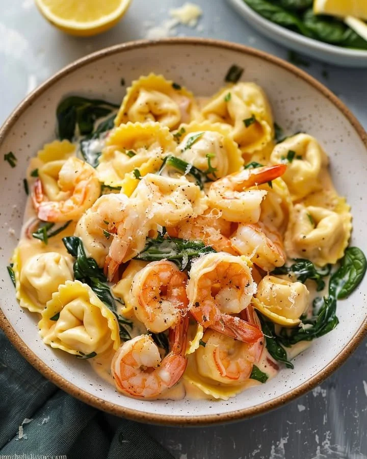 Creamy lemon shrimp tortellini served on a plate with fresh herbs
