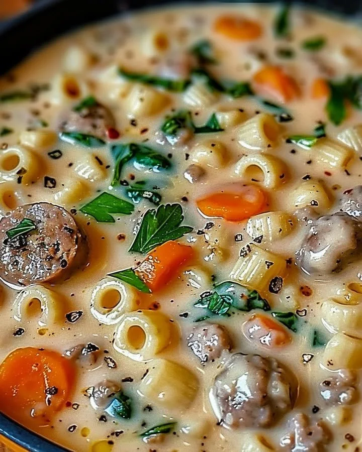 Creamy Parmesan Italian sausage ditalini soup in a bowl, garnished with herbs