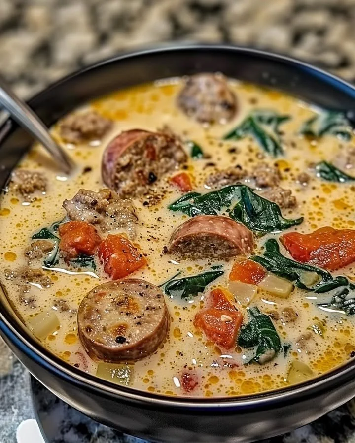 Creamy Parmesan Italian Sausage Soup in a bowl, garnished with herbs.