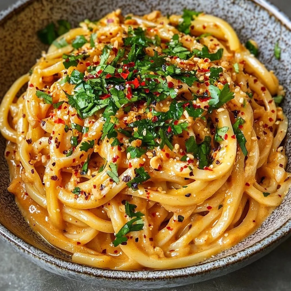 Creamy peanut udon noodles served in a bowl with toppings