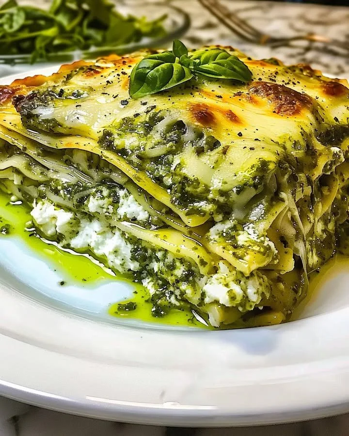 Creamy pesto and ricotta lasagna served on a plate with fresh basil