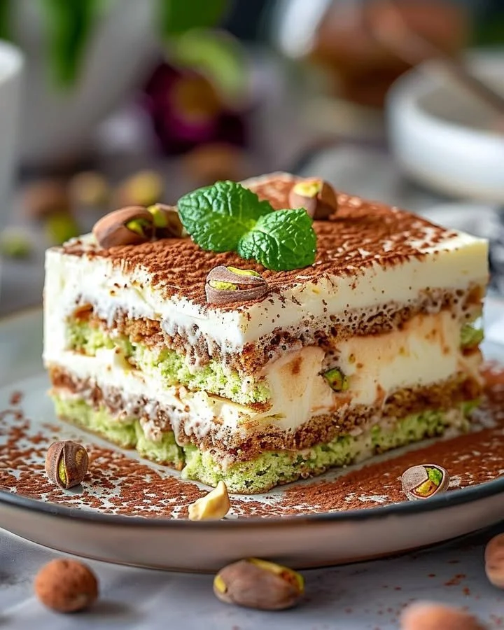 Creamy pistachio tiramisu dessert with layers of creamy filling and nuts
