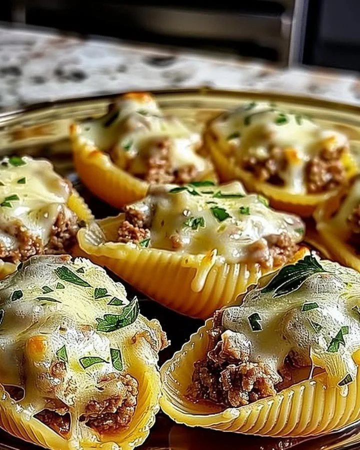 Creamy ricotta beef stuffed shells pasta served in a baking dish