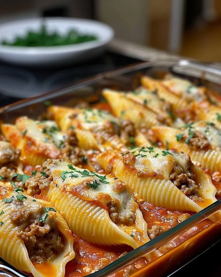 Creamy ricotta beef stuffed shells pasta served in a dish