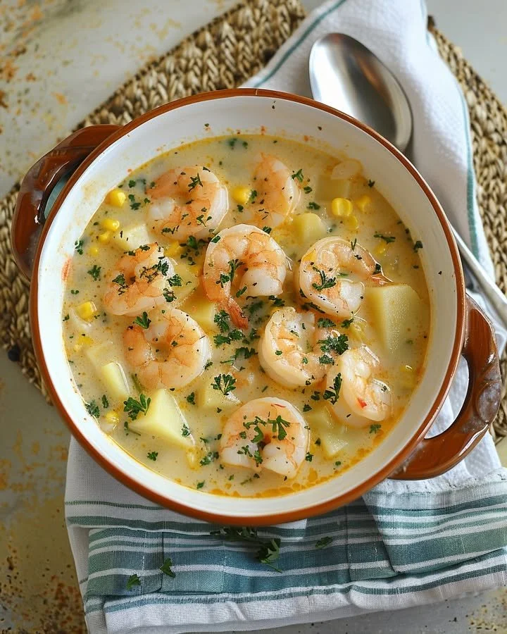 Bowl of creamy shrimp and potato chowder garnished with herbs.