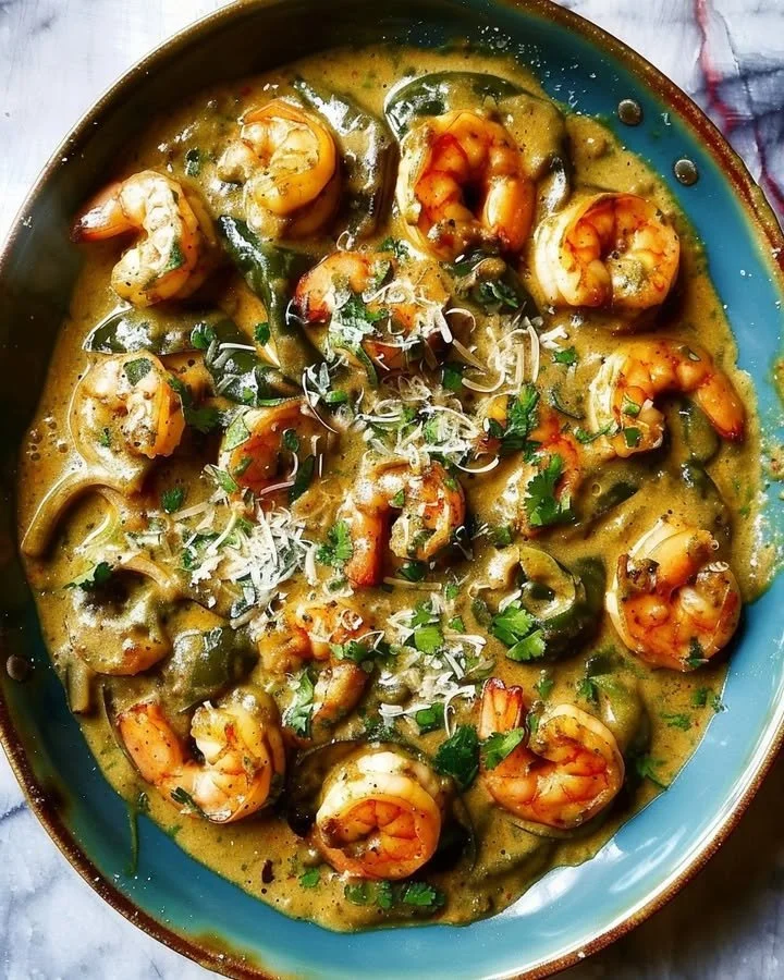 Creamy shrimp poblano dish served in a bowl with colorful peppers