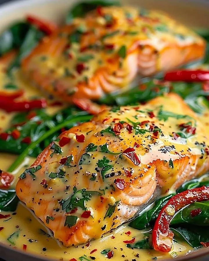 Creamy spinach and roasted red pepper salmon served on a plate
