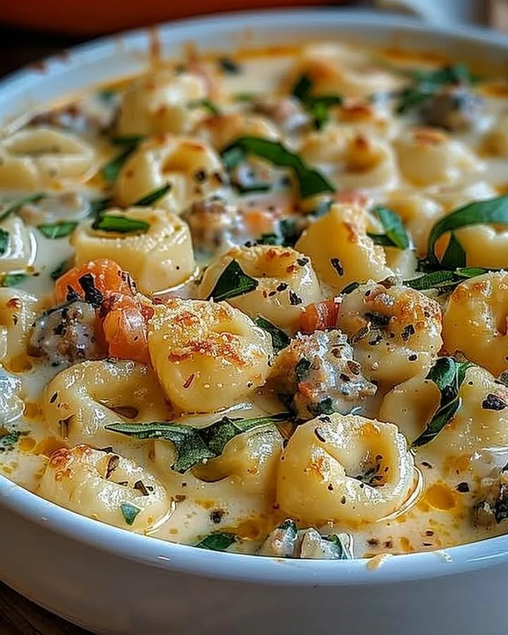 Creamy Tortellini Alfredo Casserole topped with cheese and herbs.