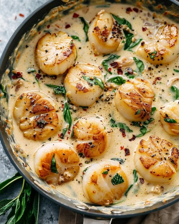 Creamy Tuscan garlic scallops served on a plate with herbs and sauce