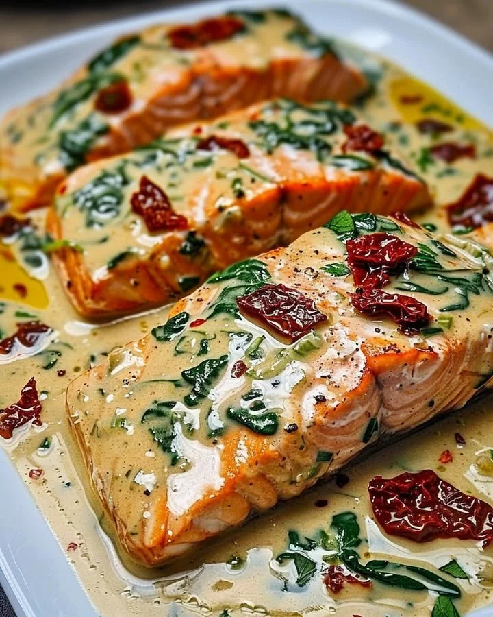 Creamy Tuscan salmon served with spinach and tomatoes on a plate