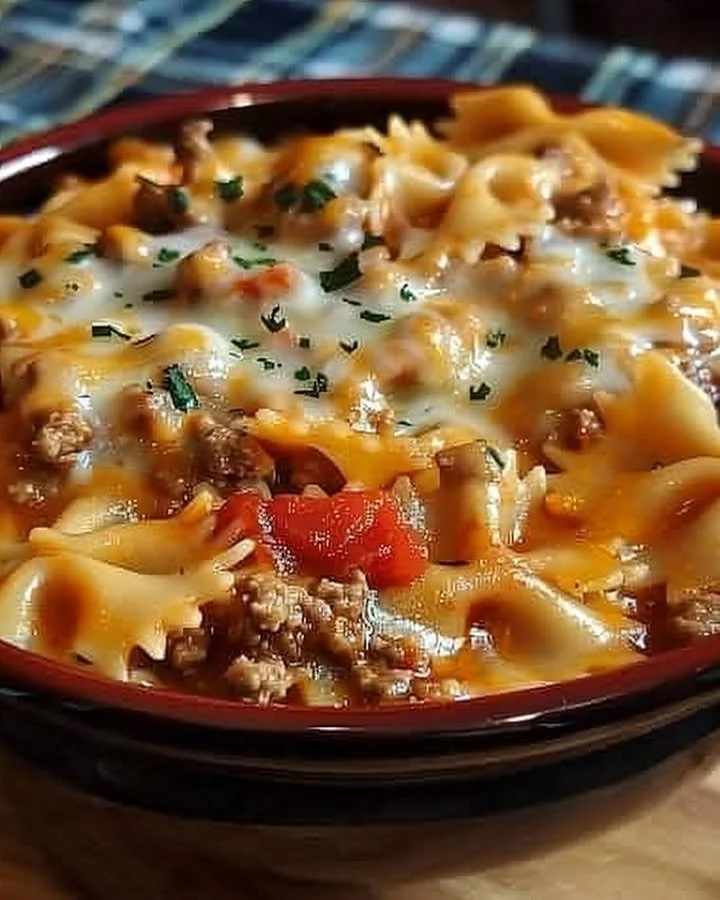 Creamy Velveeta and ground beef bowtie pasta dish served in a bowl