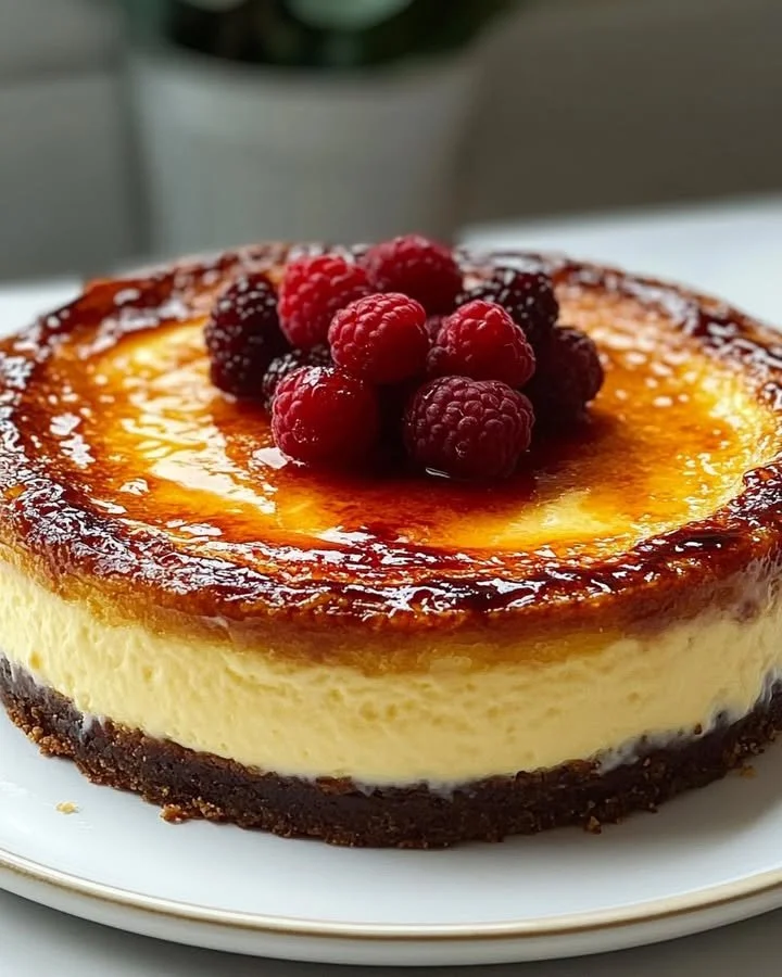 Delicious Crème Brûlée Cheesecake topped with a caramelized sugar crust.