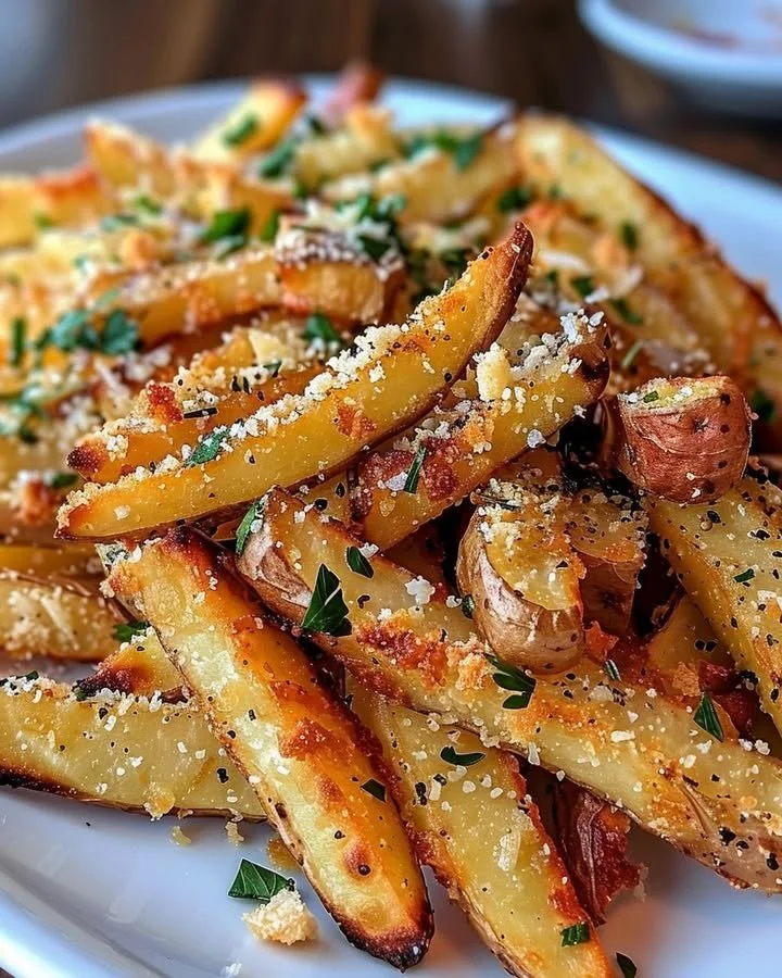 Crispy Baked Parmesan Garlic Fries on a plate, garnished with herbs