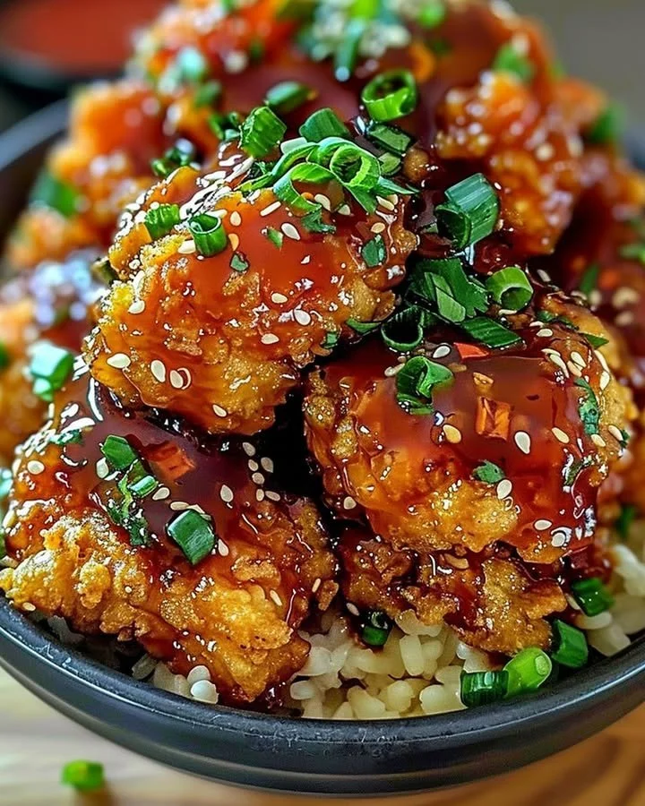 Plate of crispy Bang Bang Chicken garnished with green onions and spicy sauce