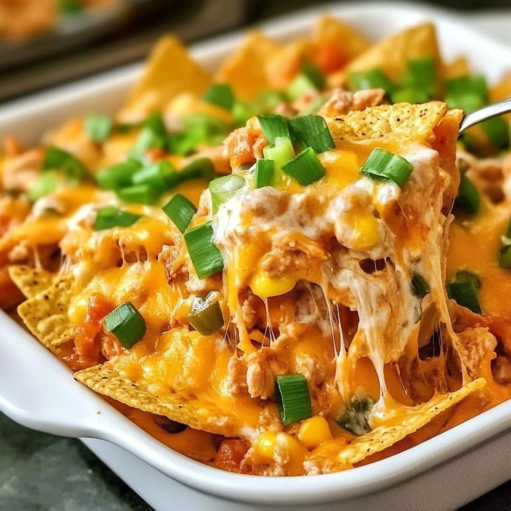 Crispy chicken nacho bake topped with melted cheese and fresh toppings