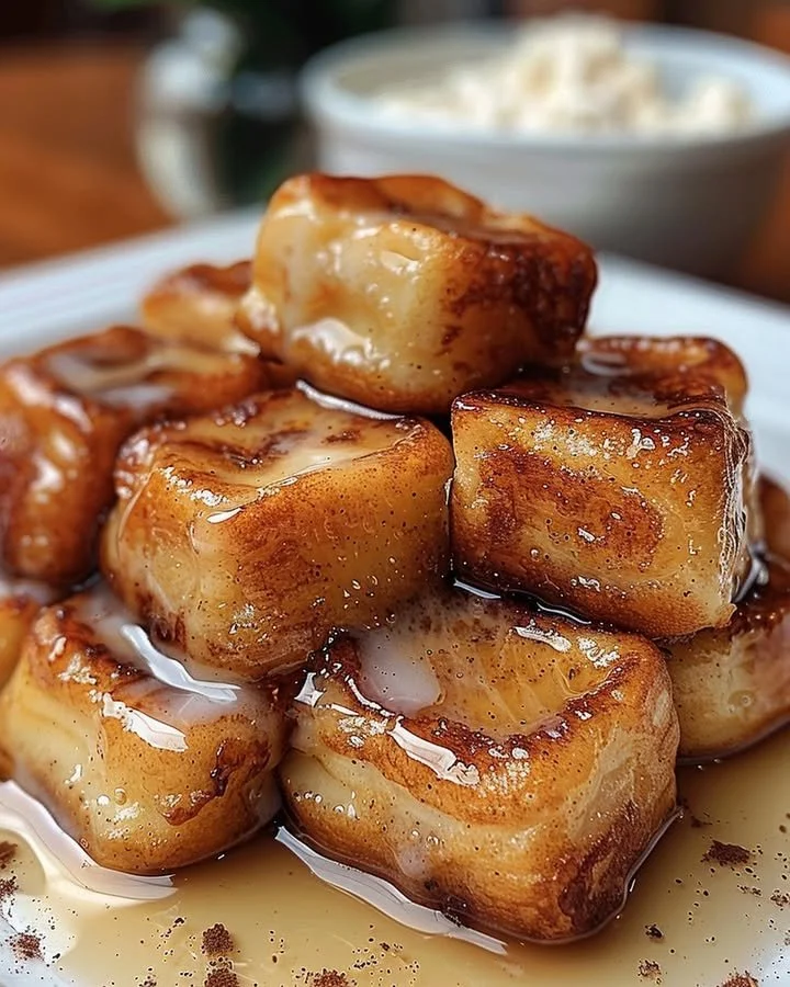 Crispy cinnamon roll French toast bites topped with sweet maple glaze.