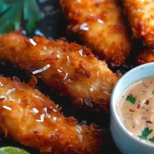 Crispy coconut chicken tenders served with dipping sauce
