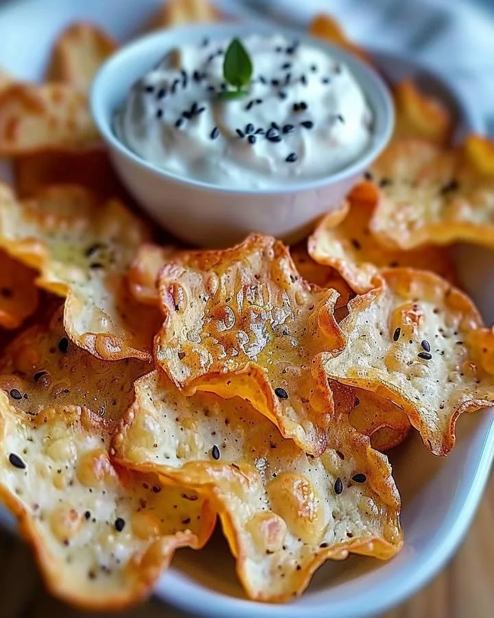 Bowl of crispy cottage cheese chips topped with herbs