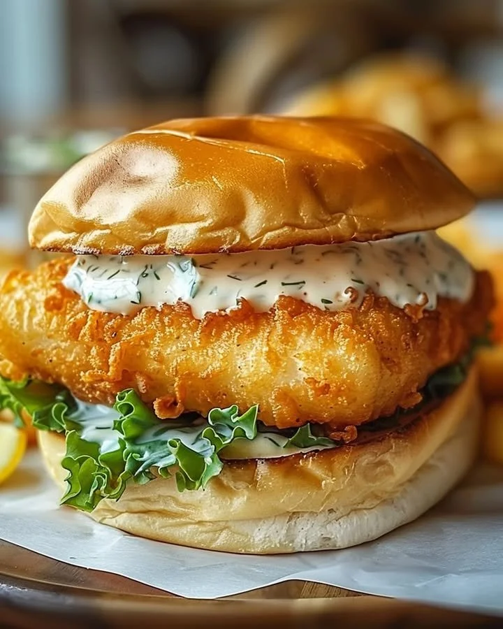 Crispy fried cod sandwich with lettuce and tartar sauce on a toasted bun