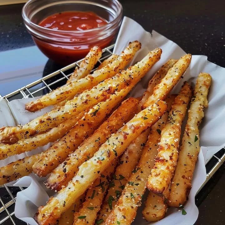 Delicious crispy golden parmesan potato fries served with dips