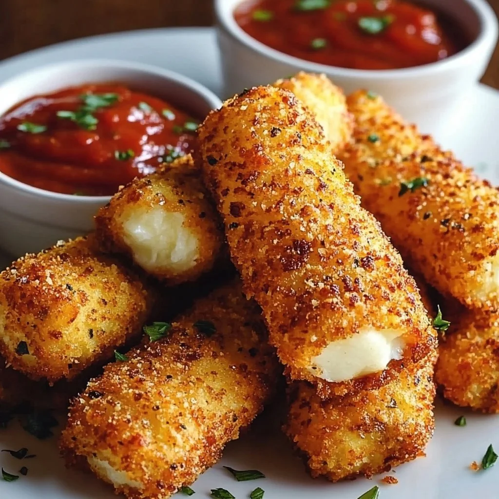 Crispy homemade mozzarella sticks served with marinara sauce