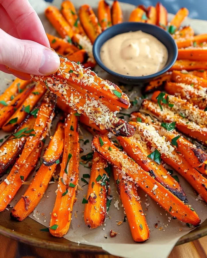 Crispy Parmesan carrot fries served on a plate with herbs and dipping sauce