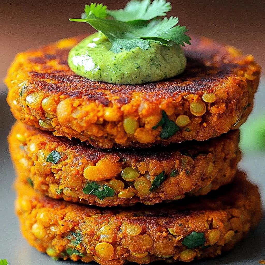 Crispy sweet potato and red lentil patties served on a plate