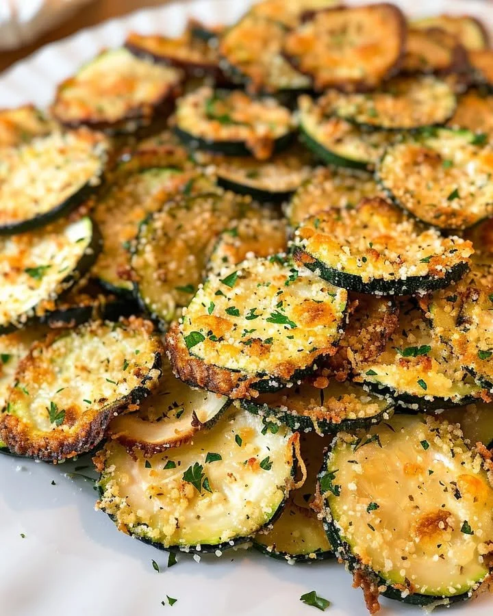 Homemade crispy zucchini chips garnished with herbs