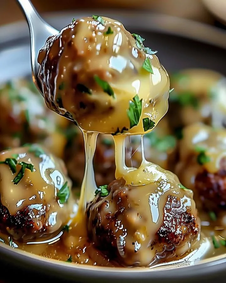 Delicious Crock Pot French Onion Meatballs served with melted cheese and herbs