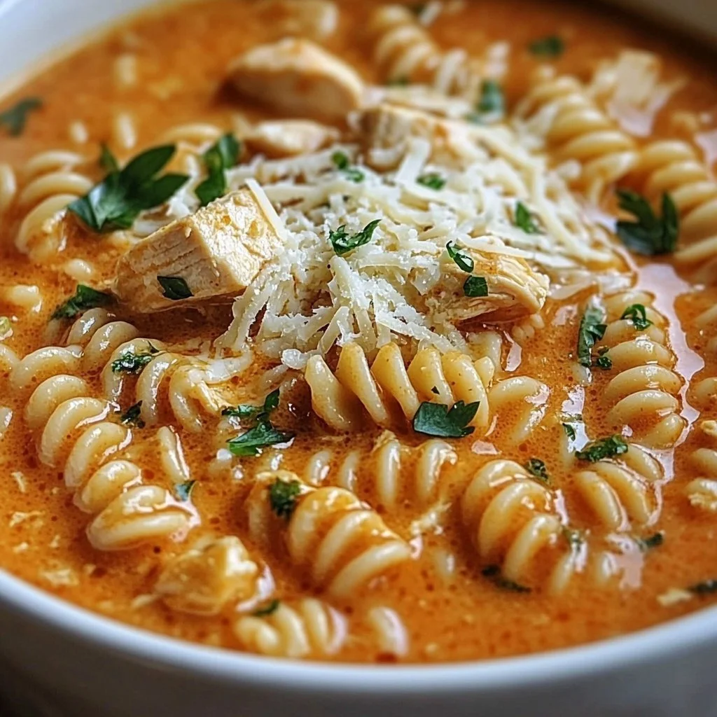 Crockpot Chicken Parmesan Soup with melted cheese and fresh herbs