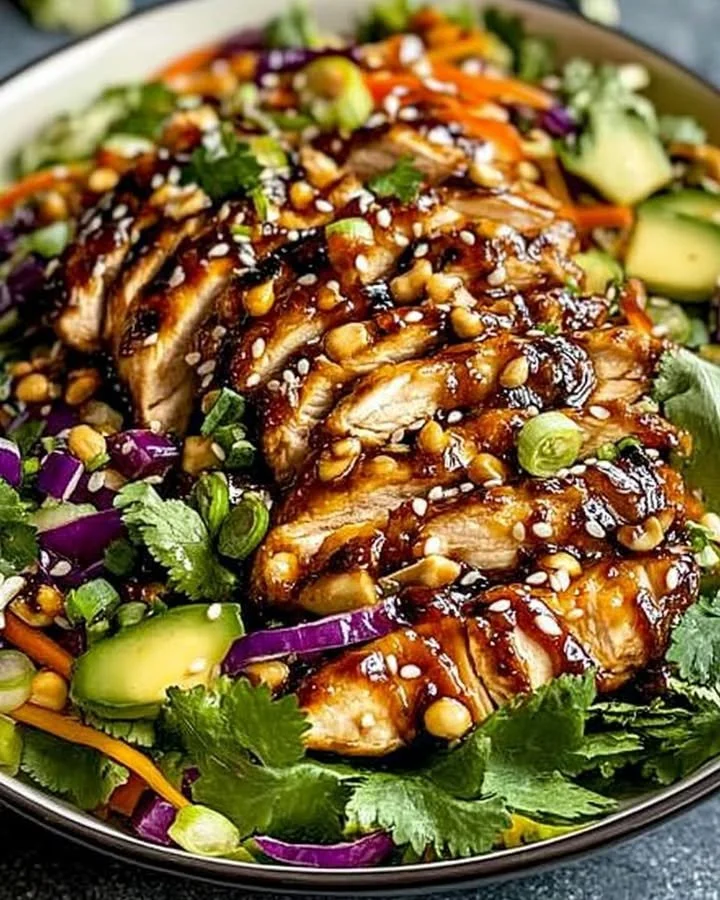 Crunchy Asian Sesame Chicken Salad with fresh vegetables and sesame dressing