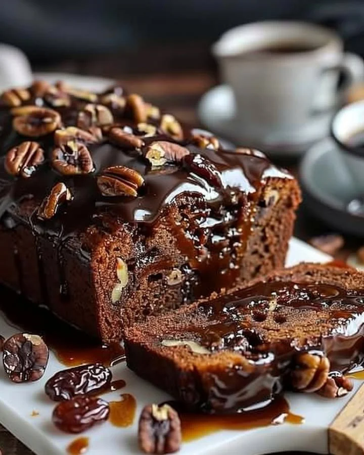 Moist coffee loaf cake with dates, walnuts, and a rich espresso glaze on top.