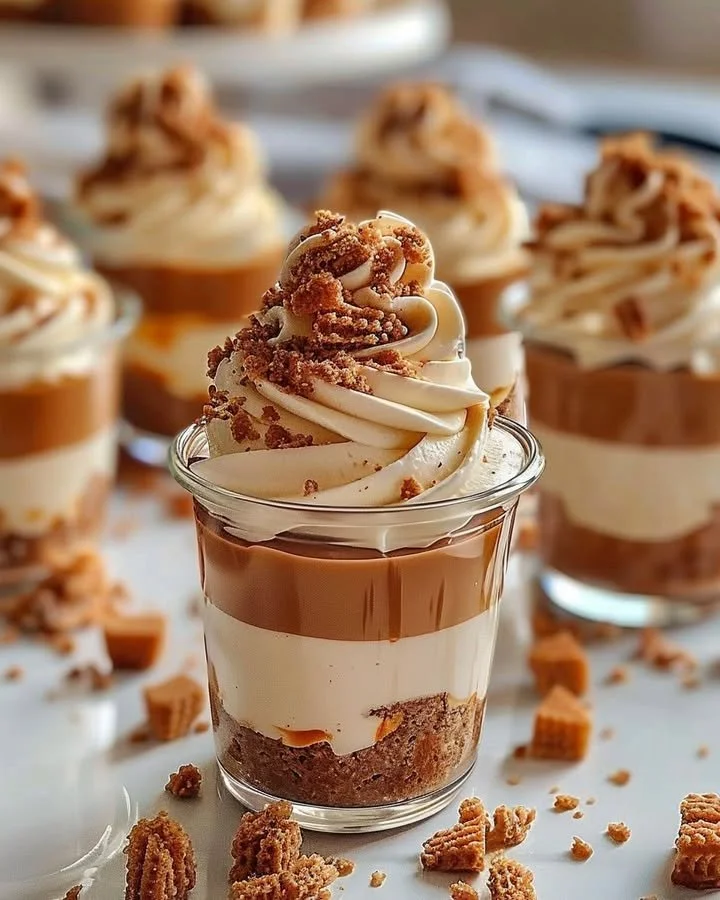 Decadent Biscoff layered cheesecake cups topped with Biscoff cookies