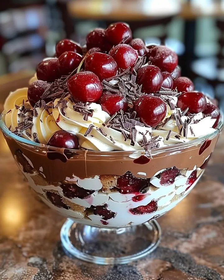 Decadent cherry chocolate trifle with rich layers of chocolate and cherries