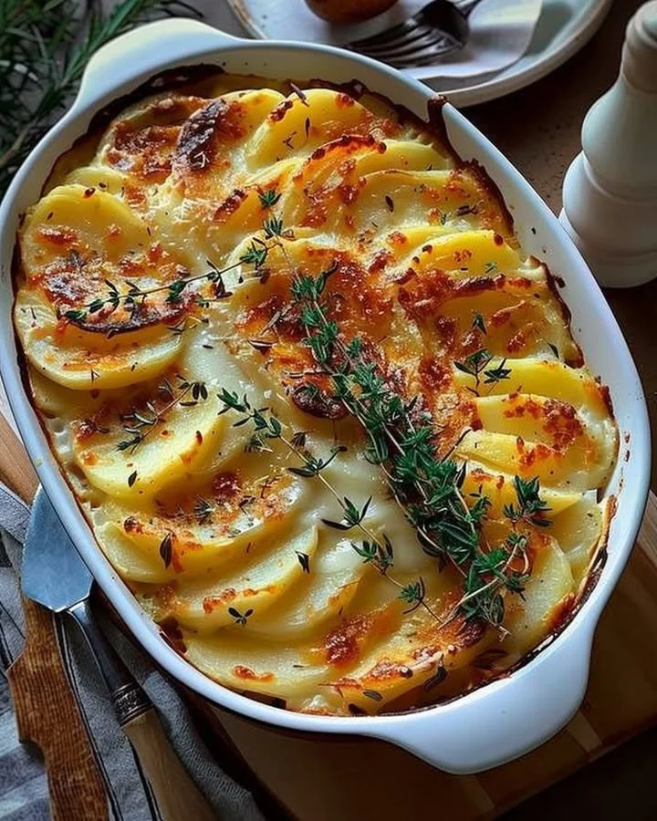 Delicious serving of Decadent Creamy Potato Bake in a baking dish