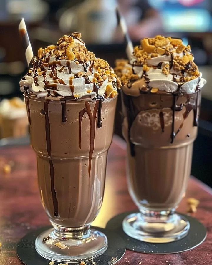 Decadent peanut butter chocolate milkshake topped with whipped cream and chocolate drizzle
