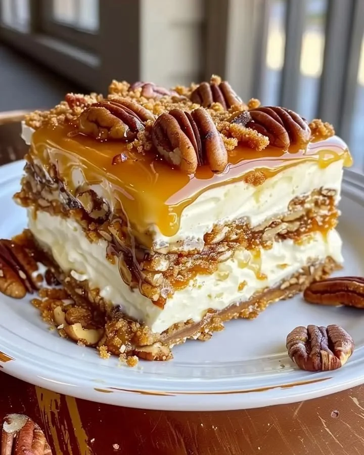 Decadent pecan pie lasagna with cream cheese and caramel layers