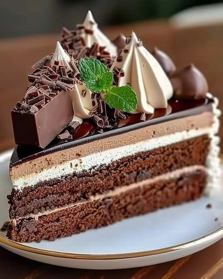 Decadent triple chocolate mousse cake topped with chocolate shavings.