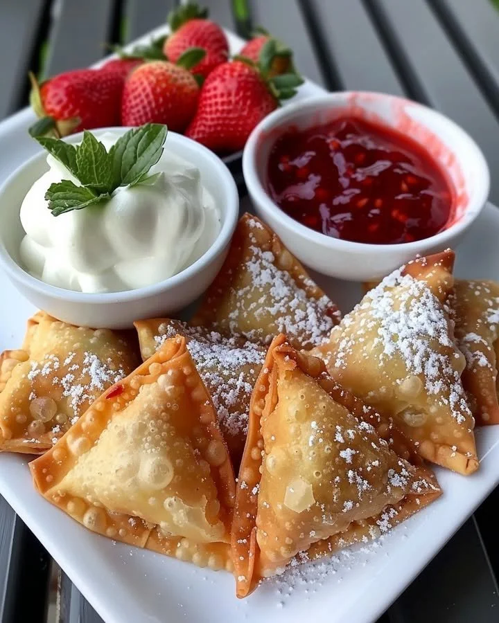 Deep-fried strawberry cheesecake stuffed wonton bites on a plate
