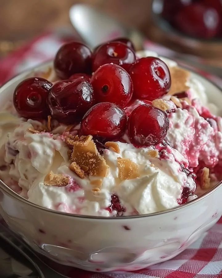 Delicious cherry cheesecake fluff dessert with cherry topping and whipped cream.