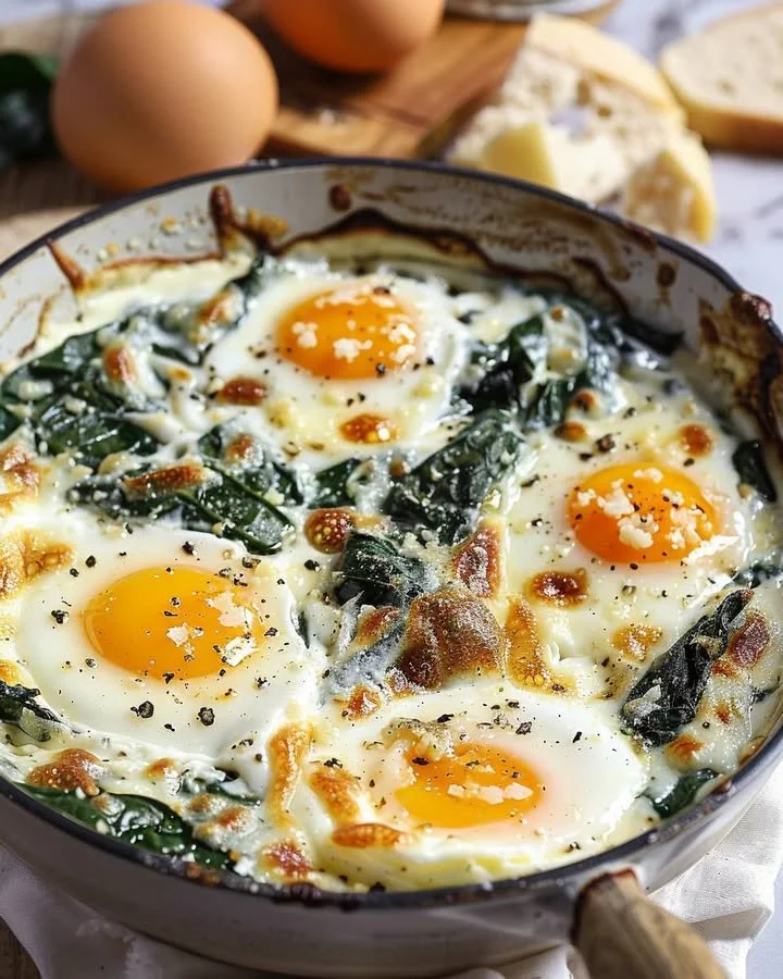 Delicious baked eggs with lemon and parmesan spinach served in a dish