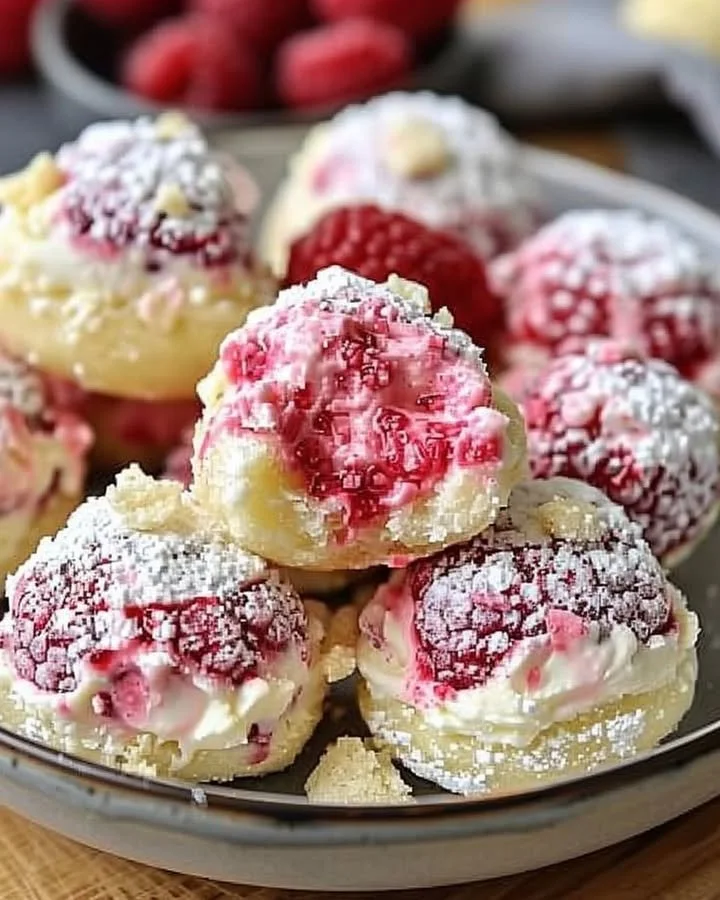 Plate of delicious raspberry cream cheese bites garnished with mint leaves