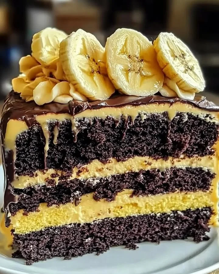 Double Chocolate Banana Layer Cake with chocolate frosting and banana slices