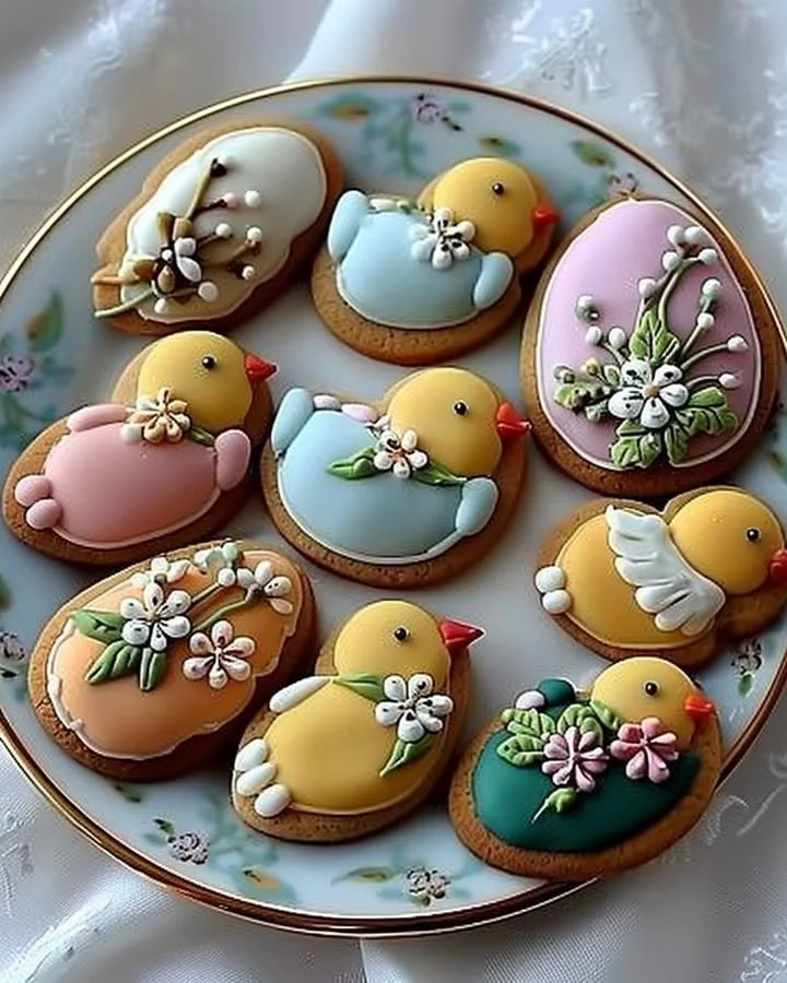 Easter cookies featuring cute chick and flower designs for festive celebrations