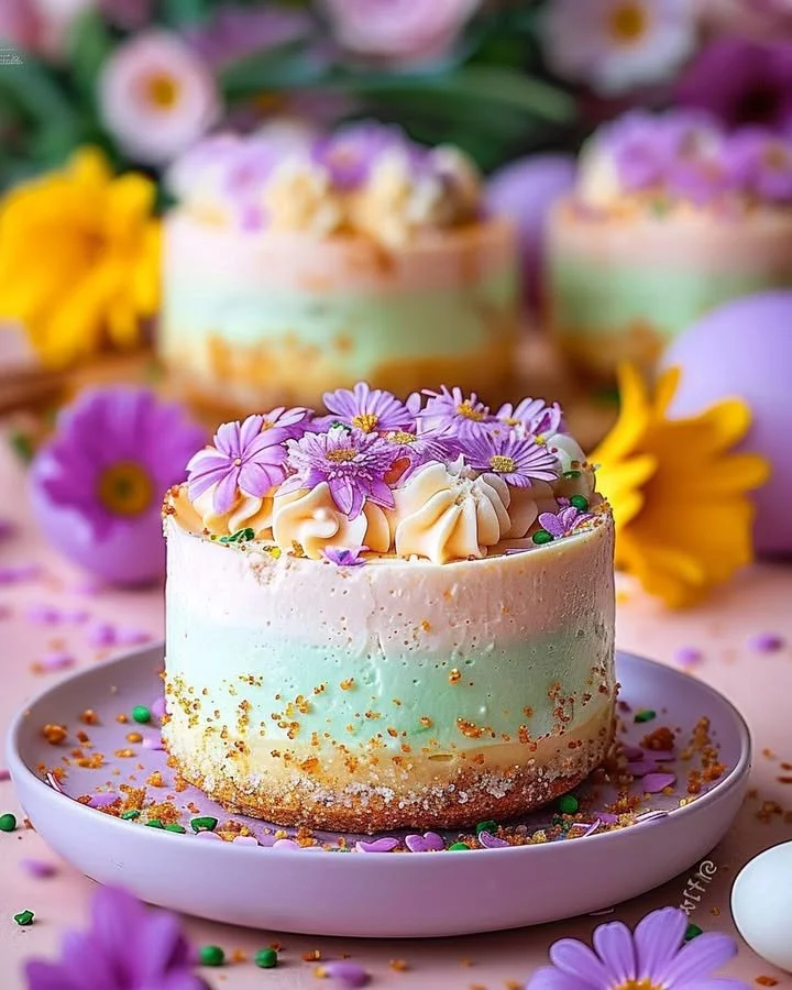 Easter No-Bake Mini Cheesecakes topped with colorful decorations.