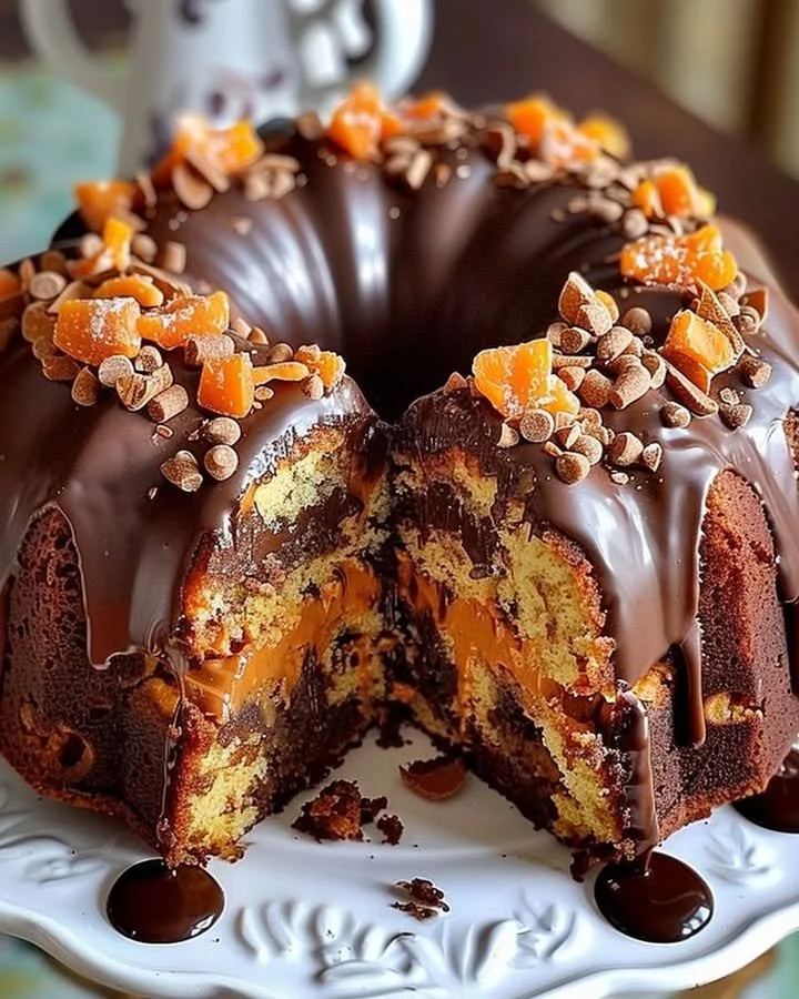 Delicious Easy Butterfinger Chocolate Bundt Cake decorated with chocolate and Butterfinger pieces