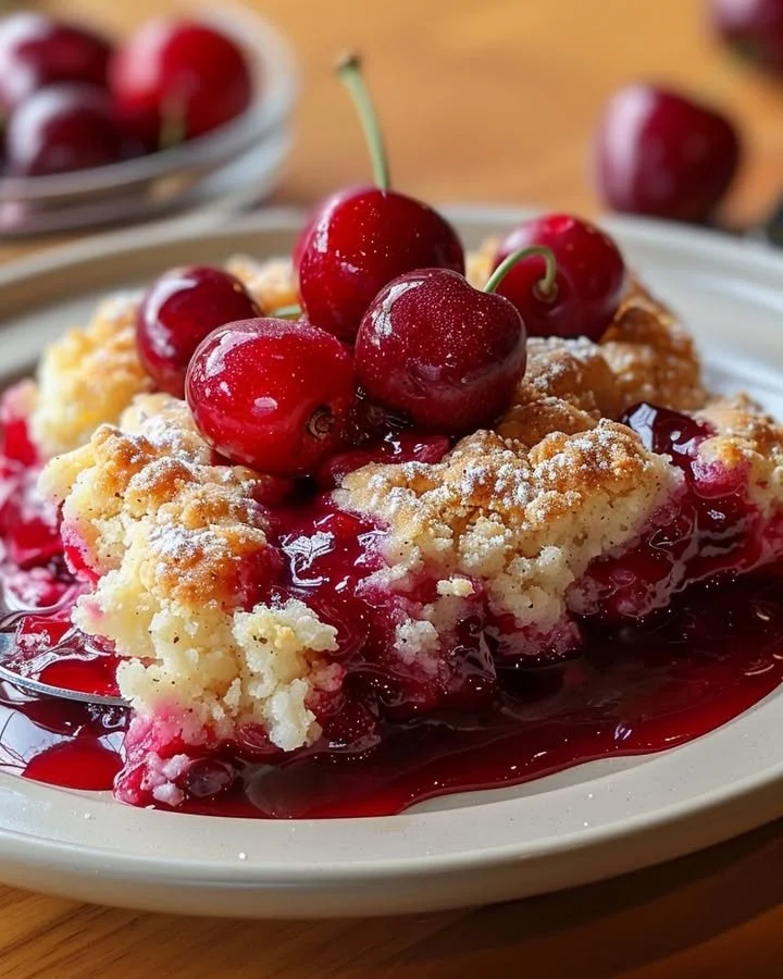 Delicious homemade easy cherry cobbler served warm with ice cream
