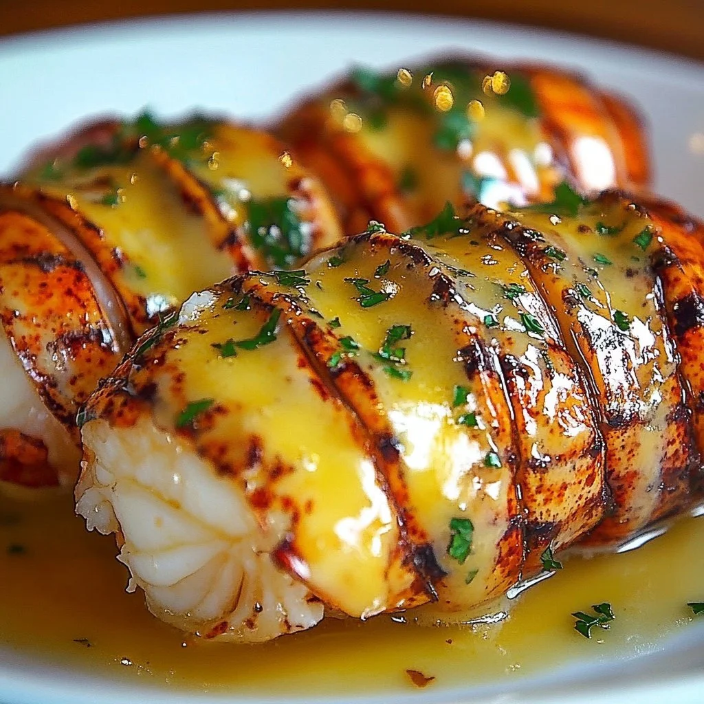 Creamy garlic lobster tails served in a dish, showcasing a gourmet seafood meal.